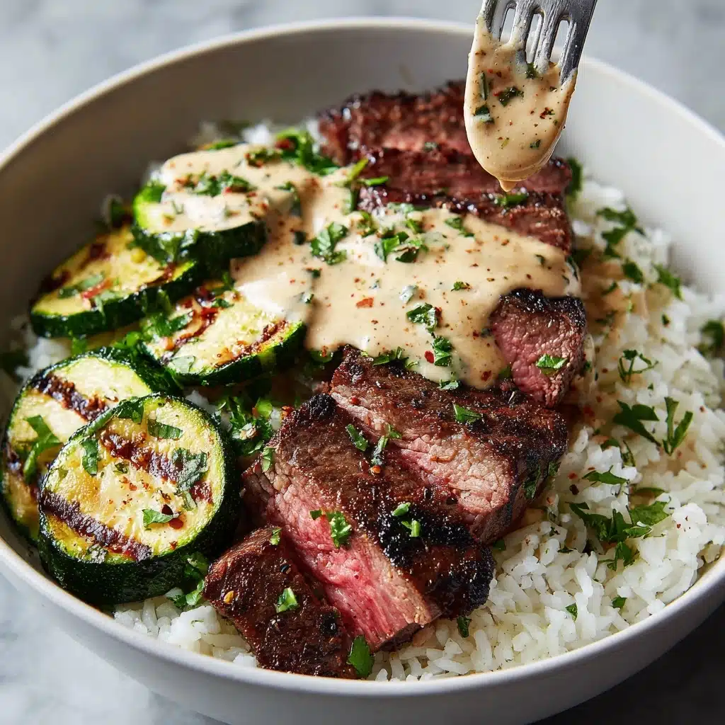 Grilled Steak Bowl with Creamy Sauce & Grilled Zucchini Recipe