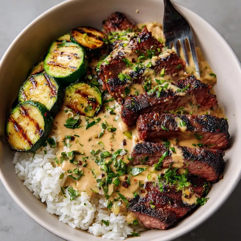 Grilled Steak Bowl with Creamy Sauce & Grilled Zucchini Recipe - Recipe Image
