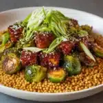 Roasted Brussels Sprouts and Crispy Tofu with Honey-Sesame Glaze Recipe