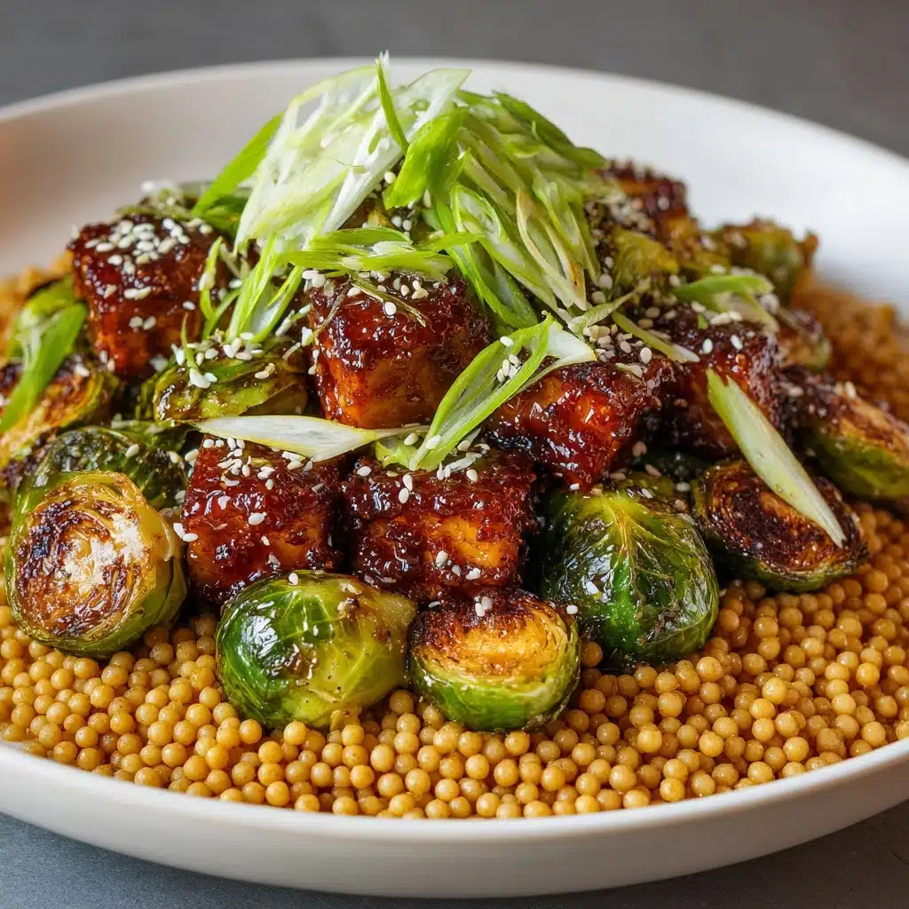 Roasted Brussels Sprouts and Crispy Tofu with Honey-Sesame Glaze Recipe - Recipe Image