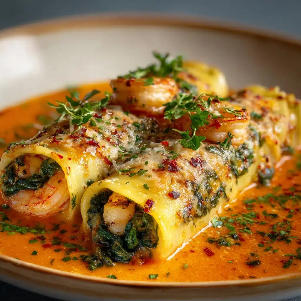 Shrimp & Spinach Stuffed Pasta Rolls with Roasted Red Pepper Cream Sauce Recipe - Recipe Image