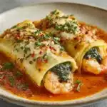Shrimp & Spinach Stuffed Pasta Rolls with Roasted Red Pepper Cream Sauce Recipe