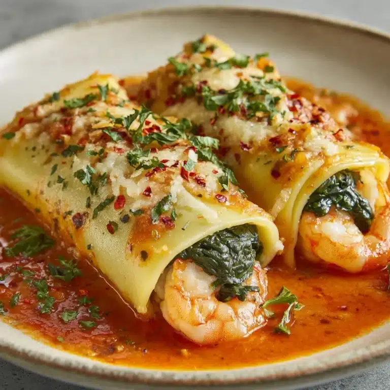 Shrimp & Spinach Stuffed Pasta Rolls with Roasted Red Pepper Cream Sauce Recipe