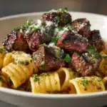Garlic Butter Steak Tips with Cheesy Rigatoni Recipe