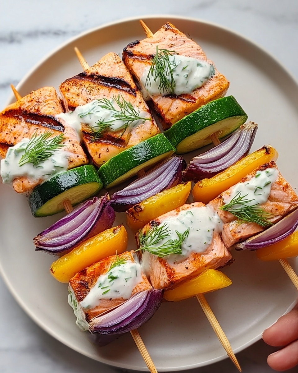 Grilled Salmon Skewers with Creamy Dill Yogurt Sauce Recipe - Recipe Image
