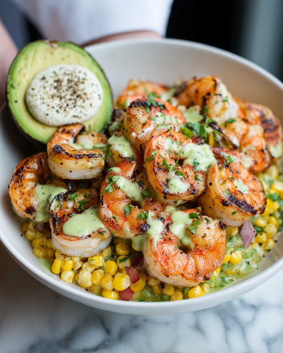 Grilled Shrimp Bowl with Avocado Corn Salsa and Creamy Sauce Recipe - Recipe Image