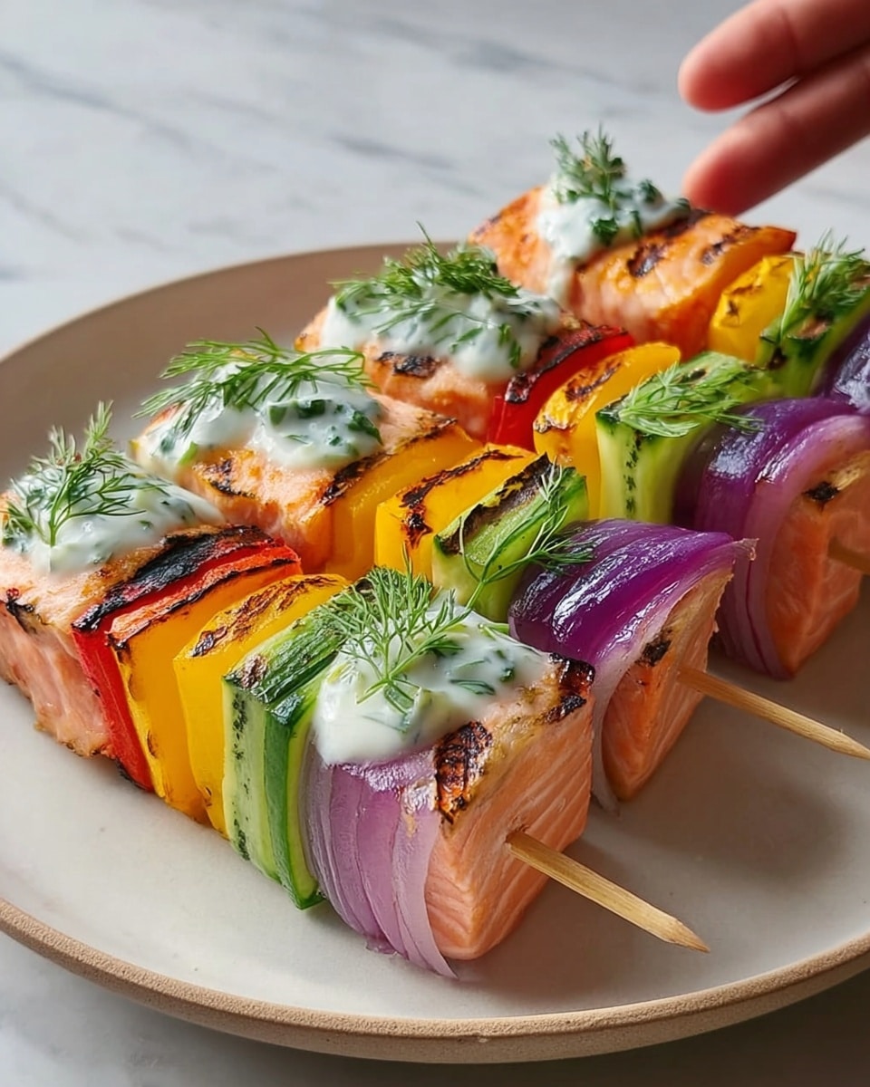 Grilled Salmon Skewers with Creamy Dill Yogurt Sauce Recipe - Recipe Image