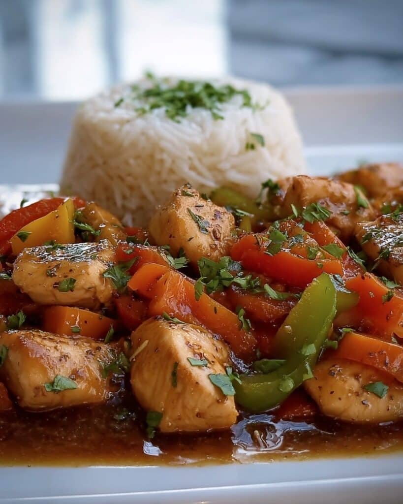 Sizzling Garlic Chicken Stir-Fry with Peppers & Steamed Rice Recipe