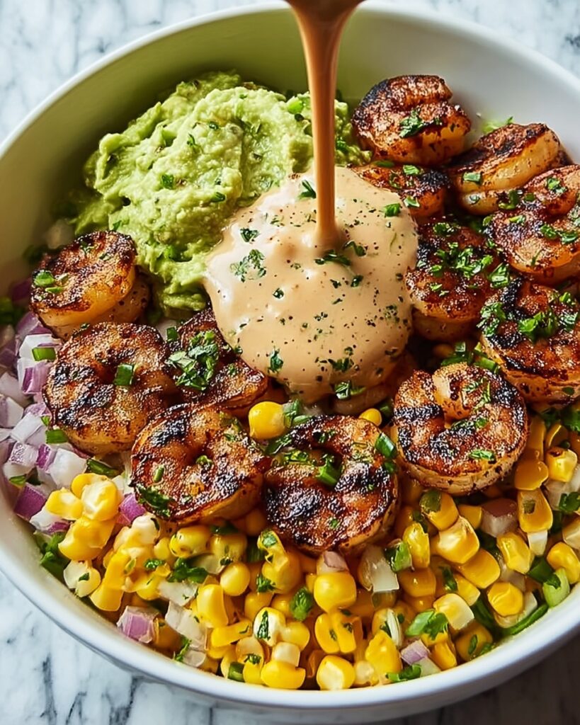 Grilled Shrimp Bowl with Avocado, Corn Salsa & Creamy Sauce Recipe