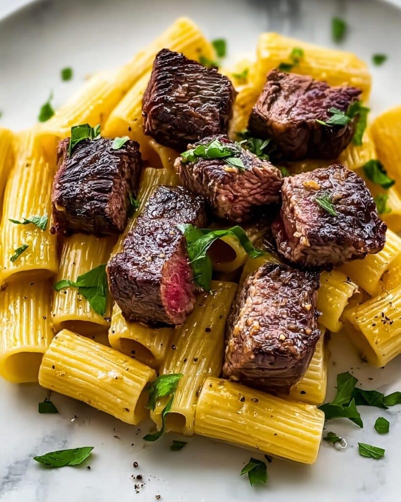 Garlic Butter Steak Tips with Cheesy Rigatoni Recipe