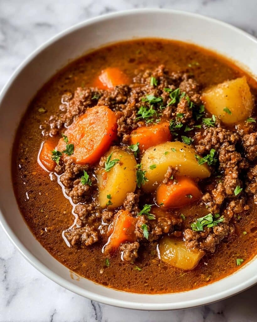 Hearty Ground Beef Stew with Potatoes and Vegetables Recipe