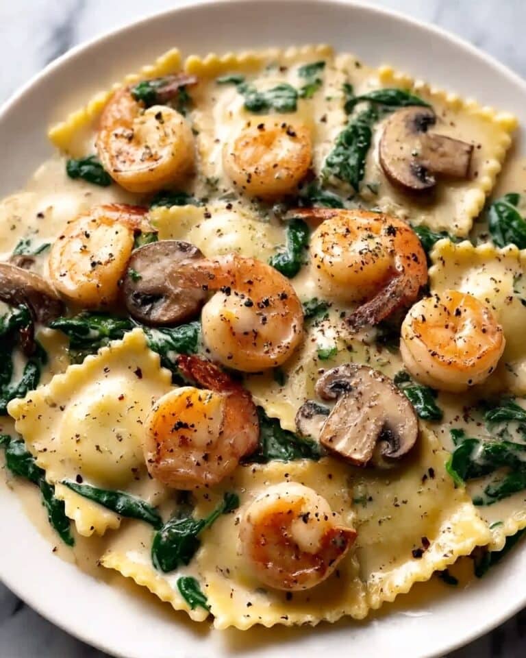 Seafood Ravioli with Spinach and Mushrooms in Garlic Cream Sauce Recipe