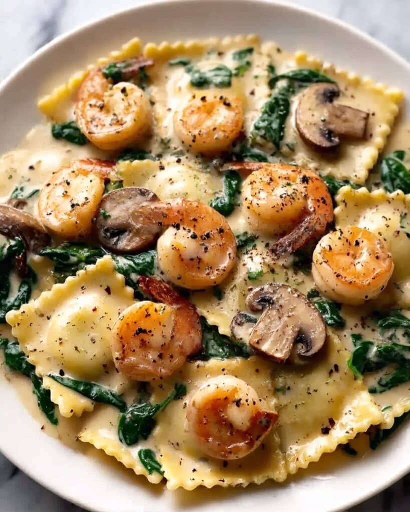 Seafood Ravioli with Spinach and Mushrooms in Garlic Cream Sauce Recipe