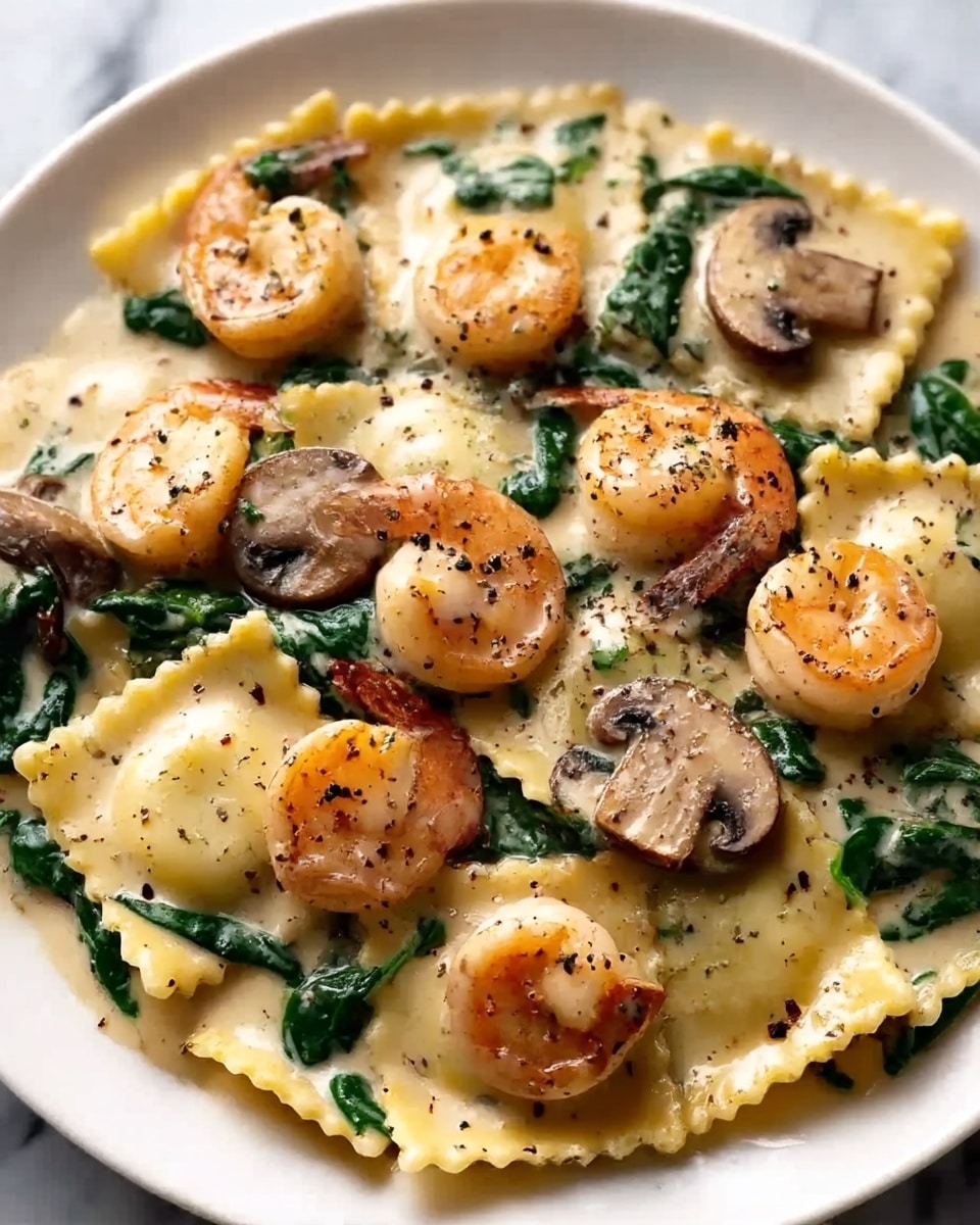 Seafood Ravioli with Spinach and Mushrooms in Garlic Cream Sauce Recipe - Recipe Image