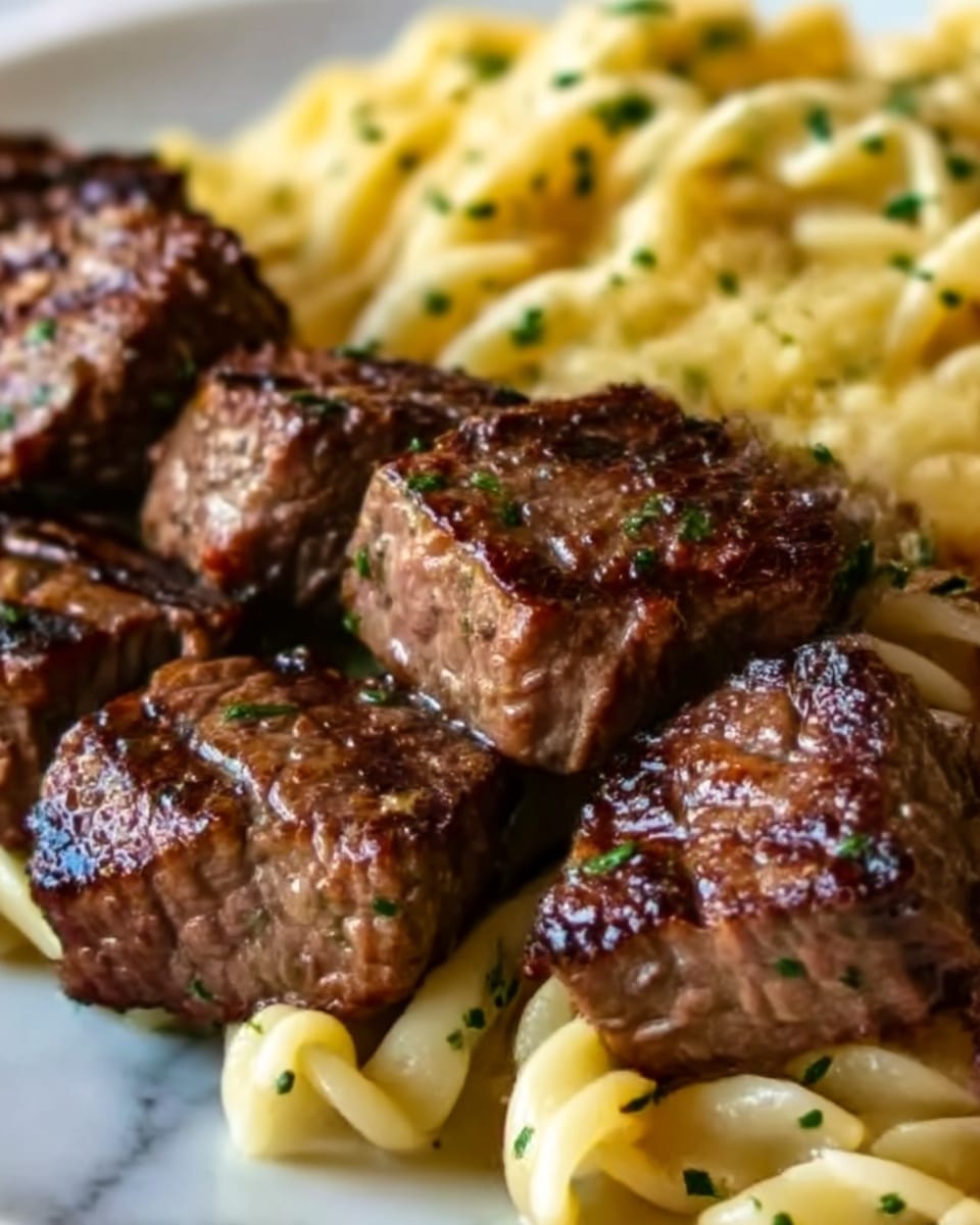 Sizzling Garlic Butter Steak Bites & Creamy Pepper Jack Pasta Recipe - Recipe Image