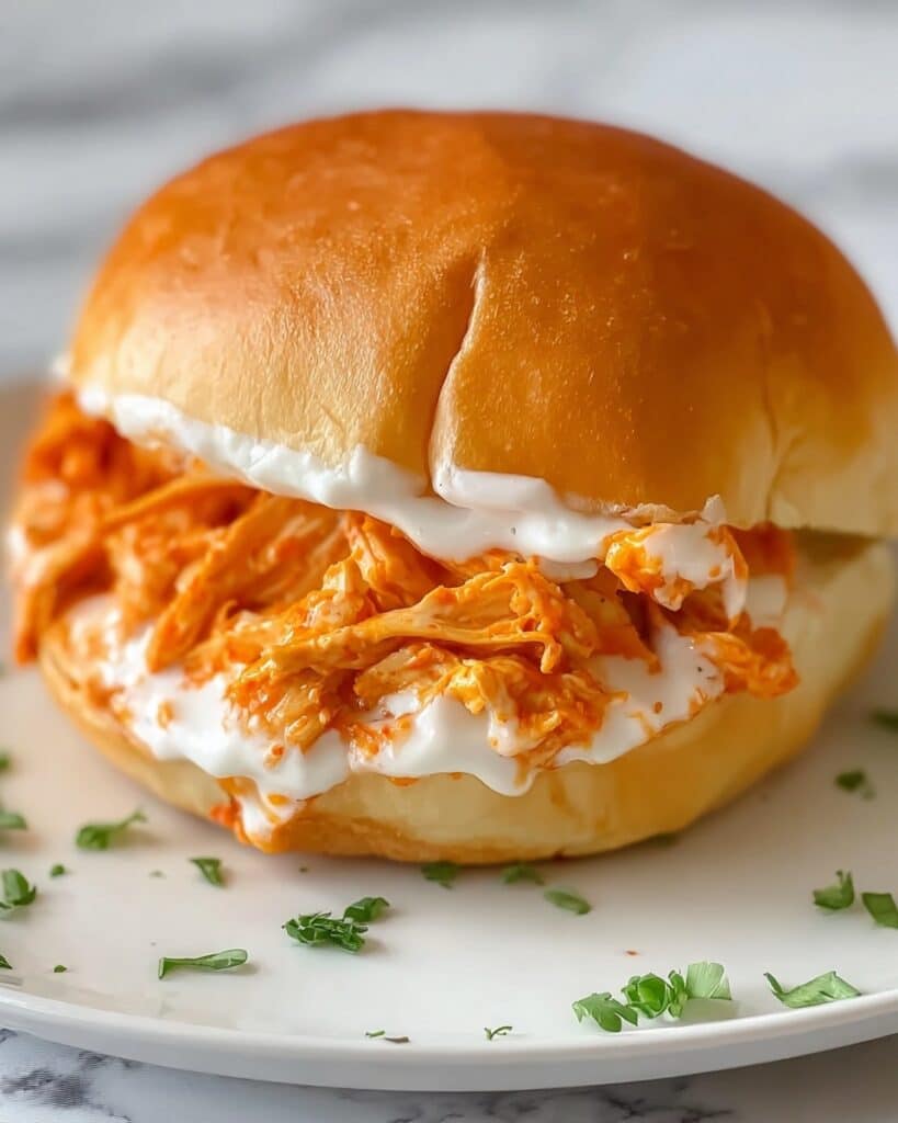 Easy Crockpot Shredded Buffalo Chicken Sandwiches Recipe