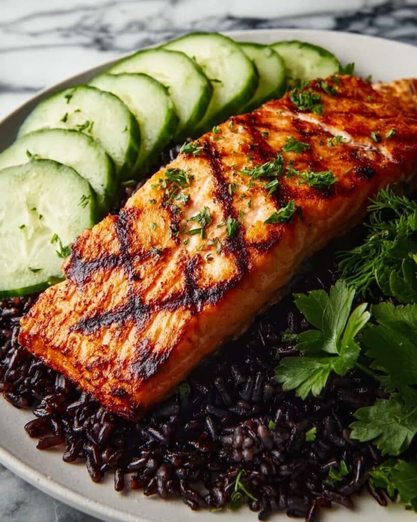 Grilled Salmon with Black Rice and Creamy Cucumber Salad Recipe