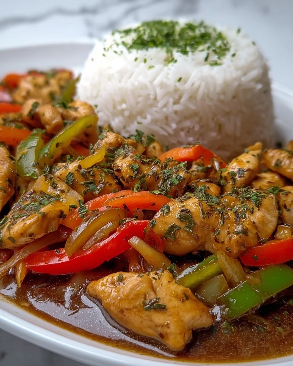 Sizzling Garlic Chicken Stir-Fry with Peppers & Steamed Rice Recipe - Recipe Image
