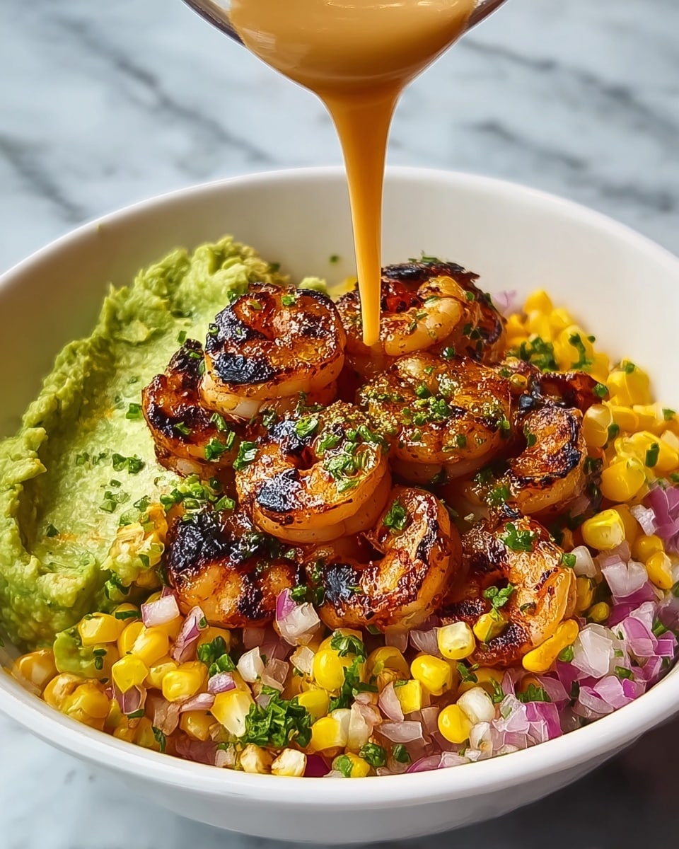 Grilled Shrimp Bowl with Avocado, Corn Salsa & Creamy Sauce Recipe - Recipe Image