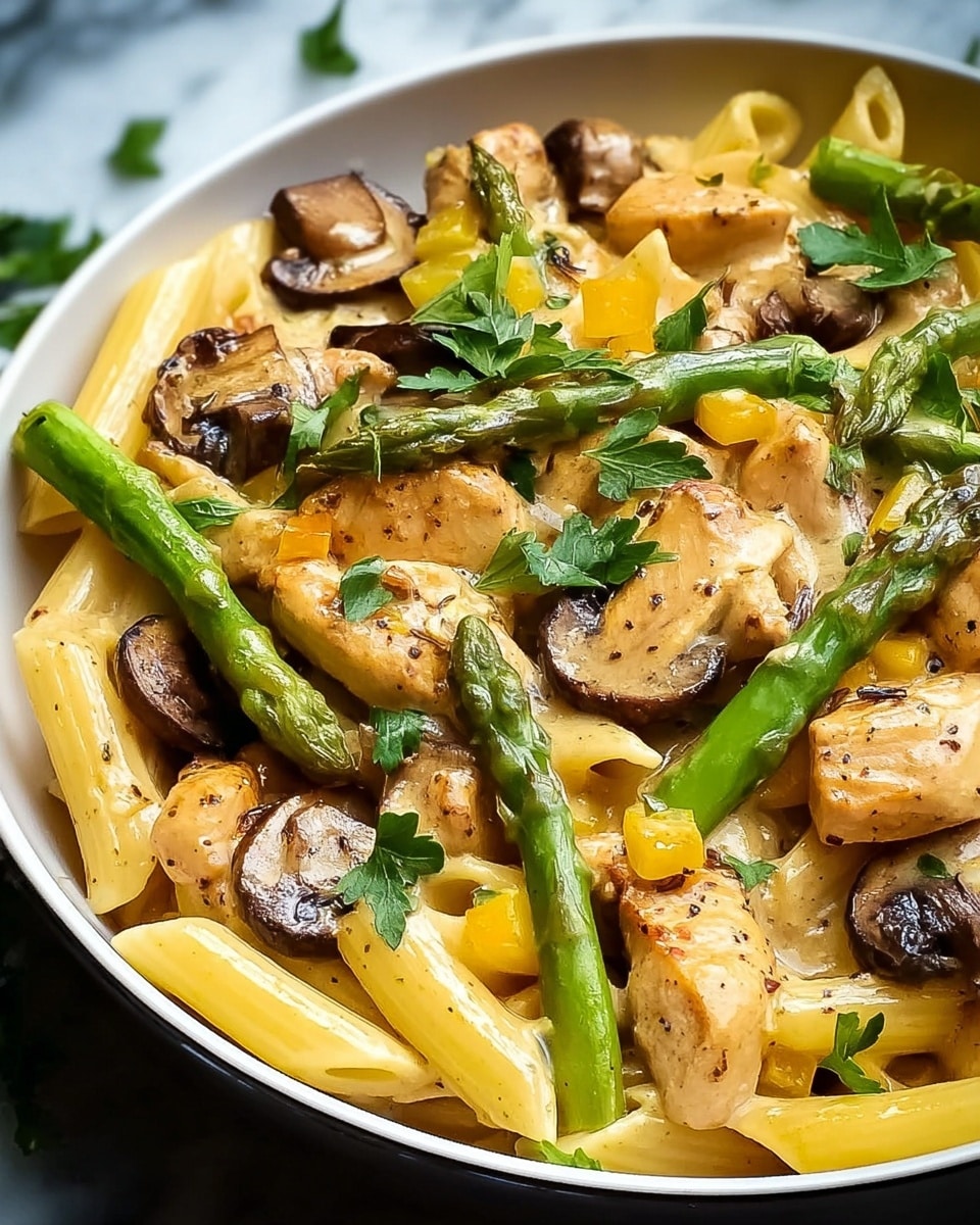 Creamy Mushroom and Asparagus Chicken Penne Recipe - Recipe Image