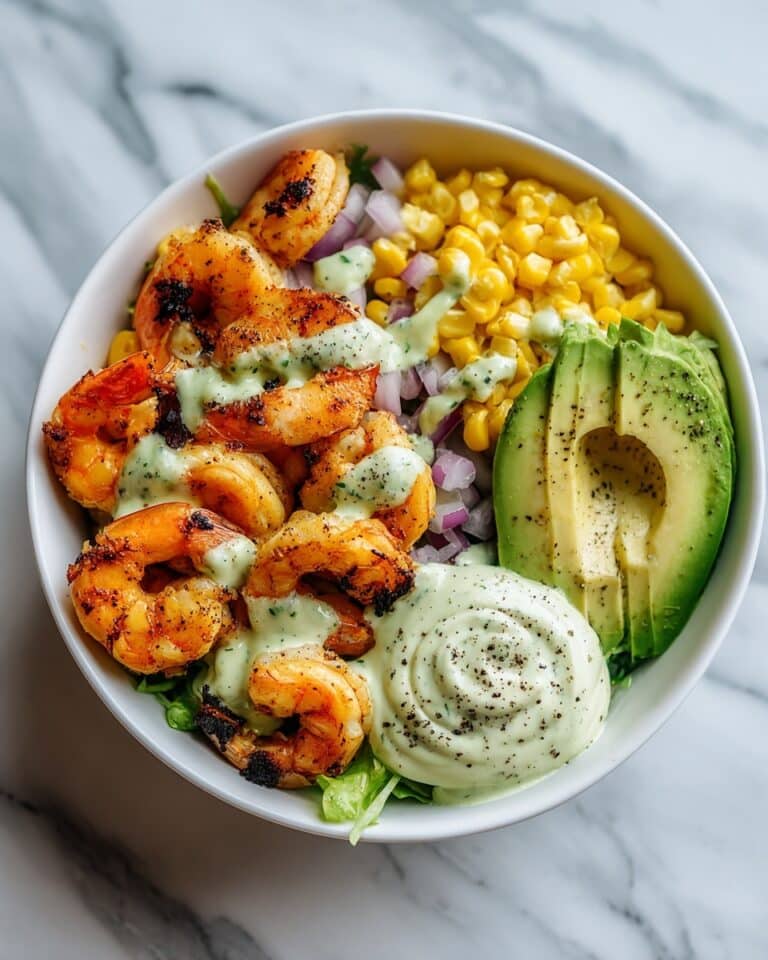 Grilled Shrimp Bowl with Avocado Corn Salsa and Creamy Sauce Recipe