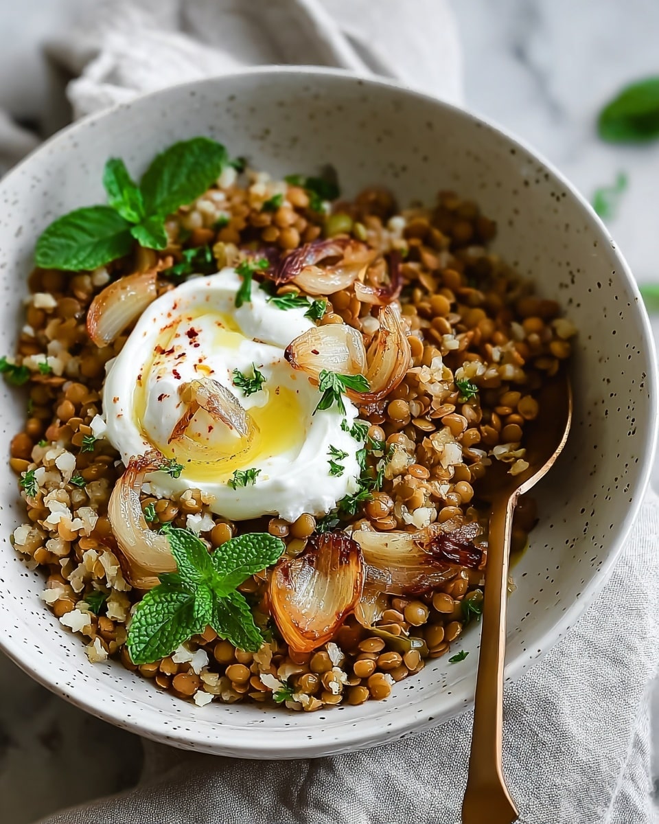 Mujaddarat Bulgur with Cucumber Mint Yogurt Recipe - Recipe Image