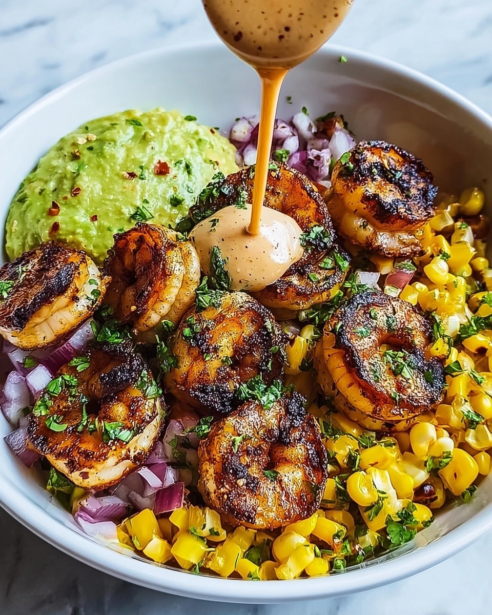 Grilled Shrimp Bowl with Avocado, Corn Salsa & Creamy Sauce Recipe - Recipe Image