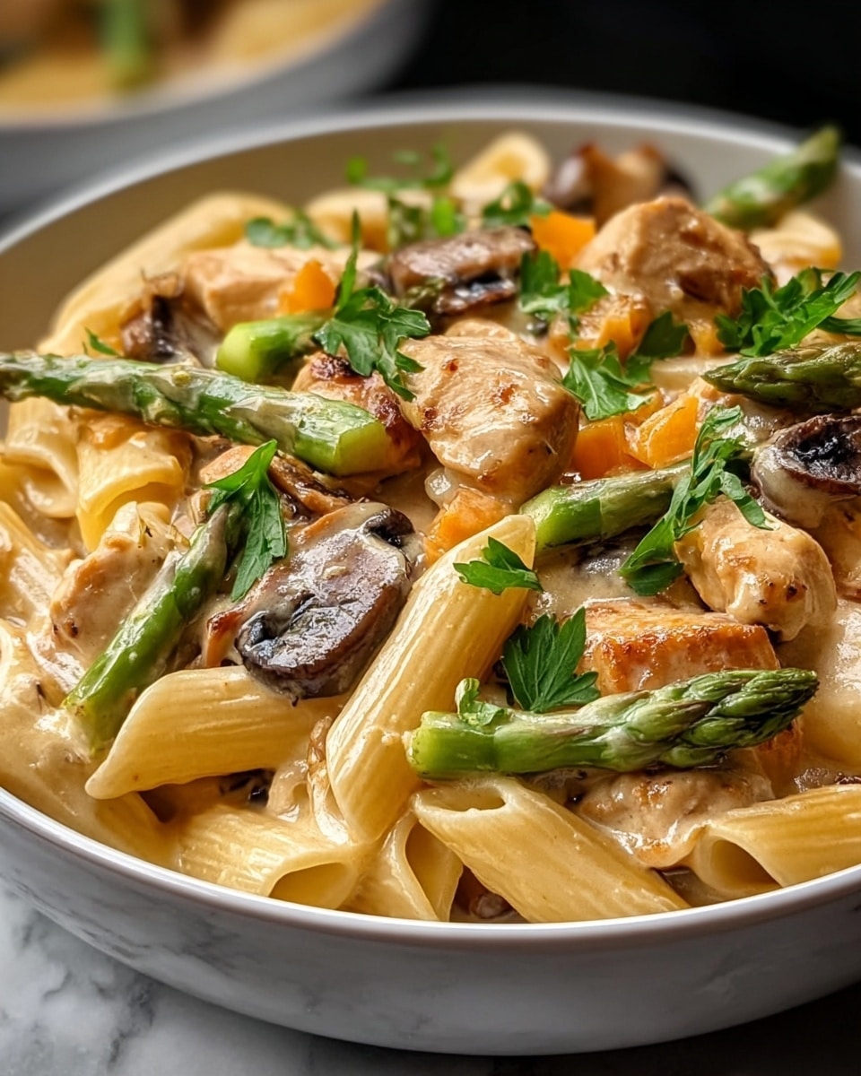 Creamy Mushroom and Asparagus Chicken Penne Recipe - Recipe Image