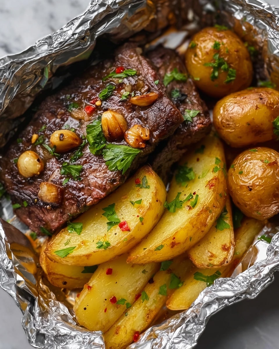 Garlic Butter Steak and Potato Foil Packets Recipe - Recipe Image