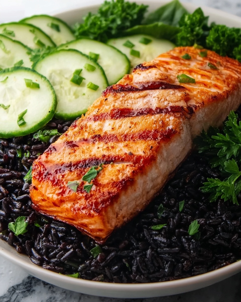 Grilled Salmon with Black Rice and Creamy Cucumber Salad Recipe - Recipe Image