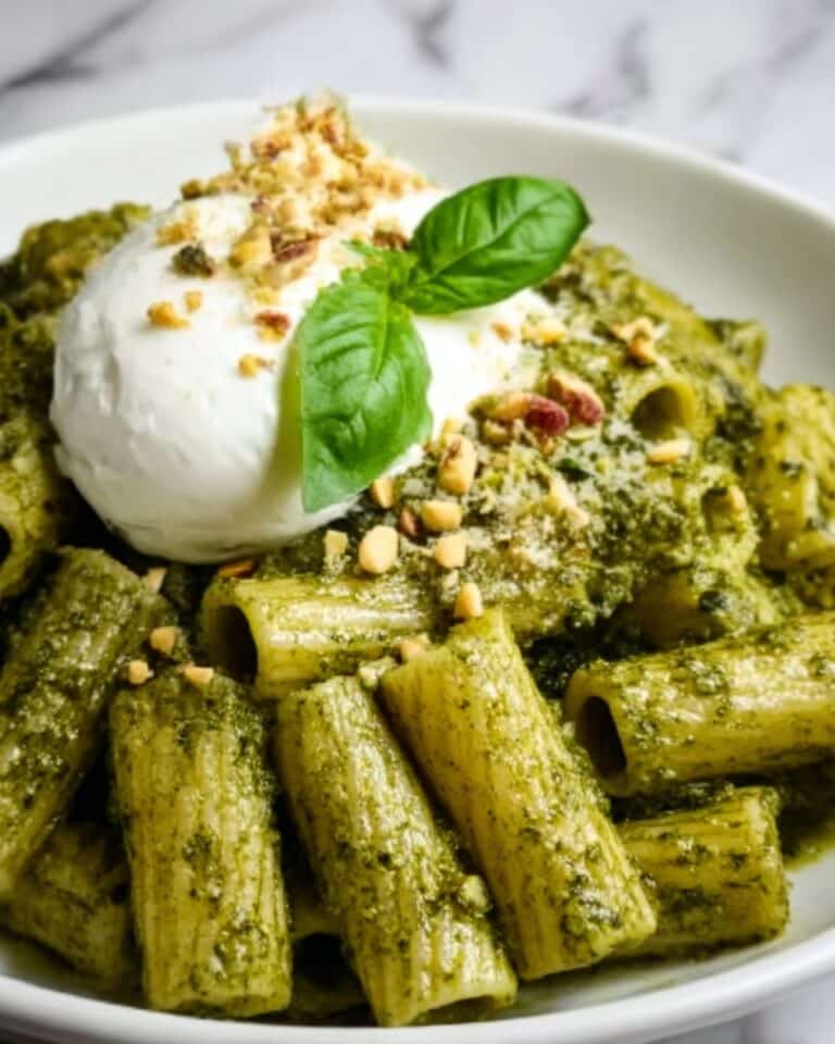 Creamy One Pot Rigatoni with Basil-Pistachio Pesto & Burrata Recipe