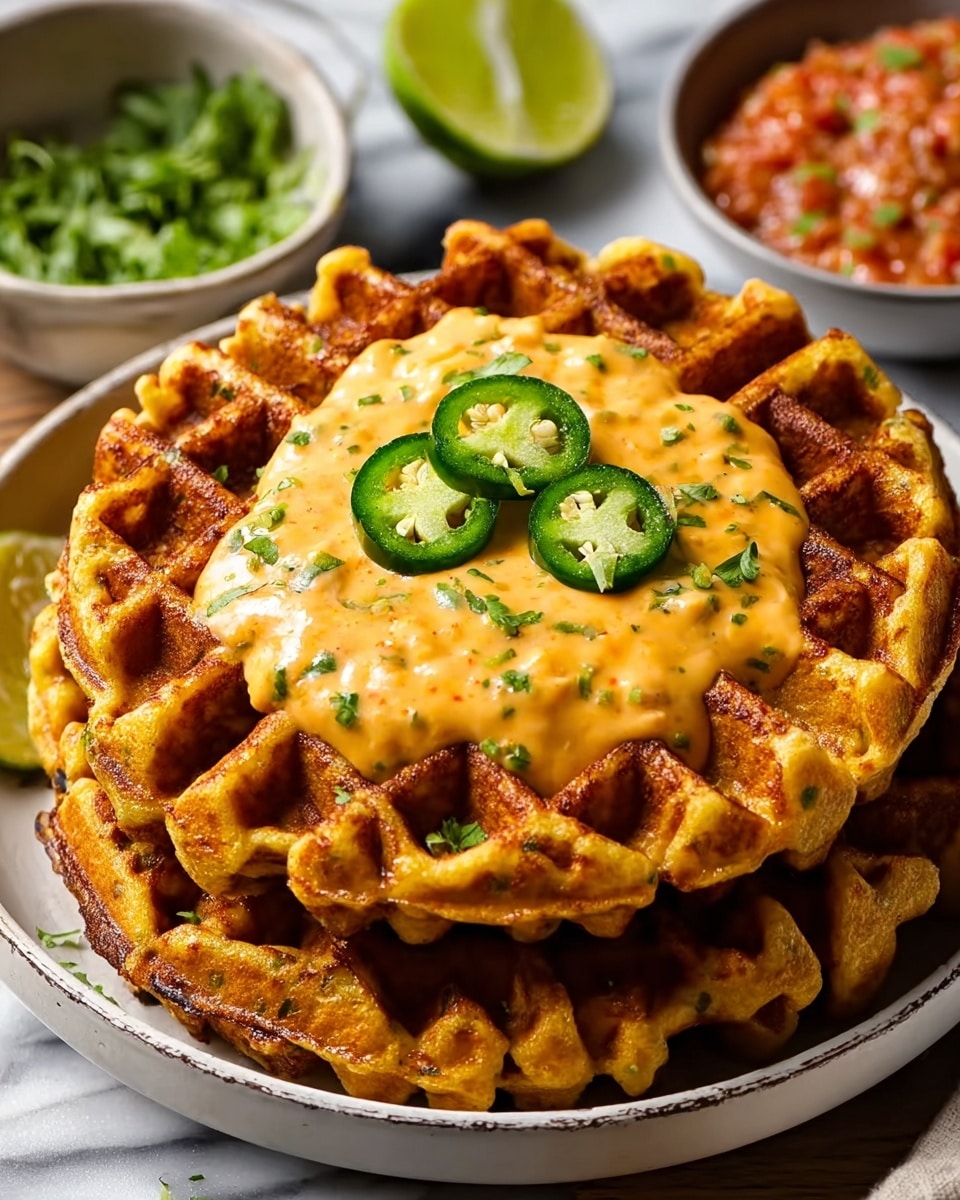 Cheddar Jalapeño Cornbread Waffles with Turkey Chile Con Queso Dip Recipe - Recipe Image