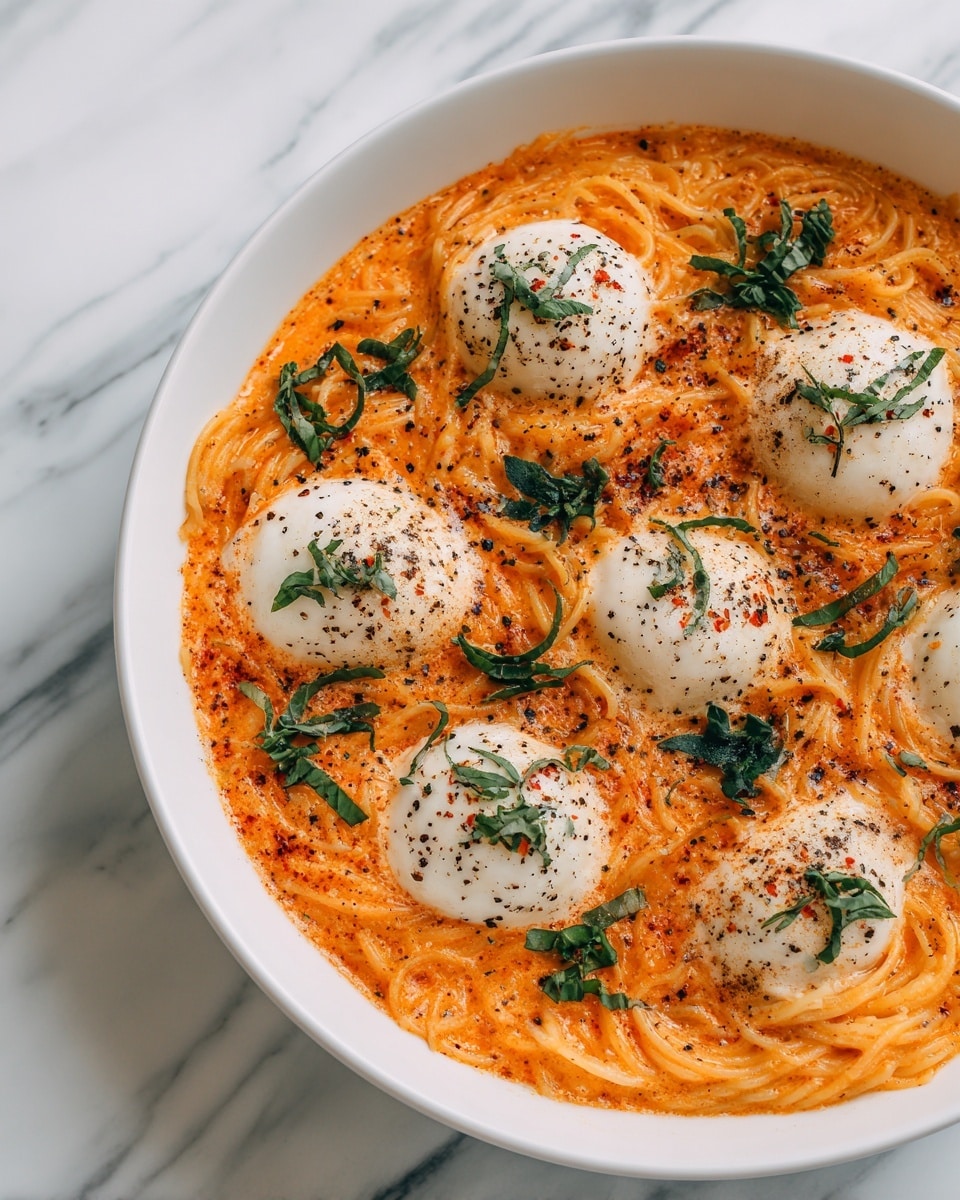 Creamy Red Pepper Pasta with Burrata and Herbs Recipe - Recipe Image