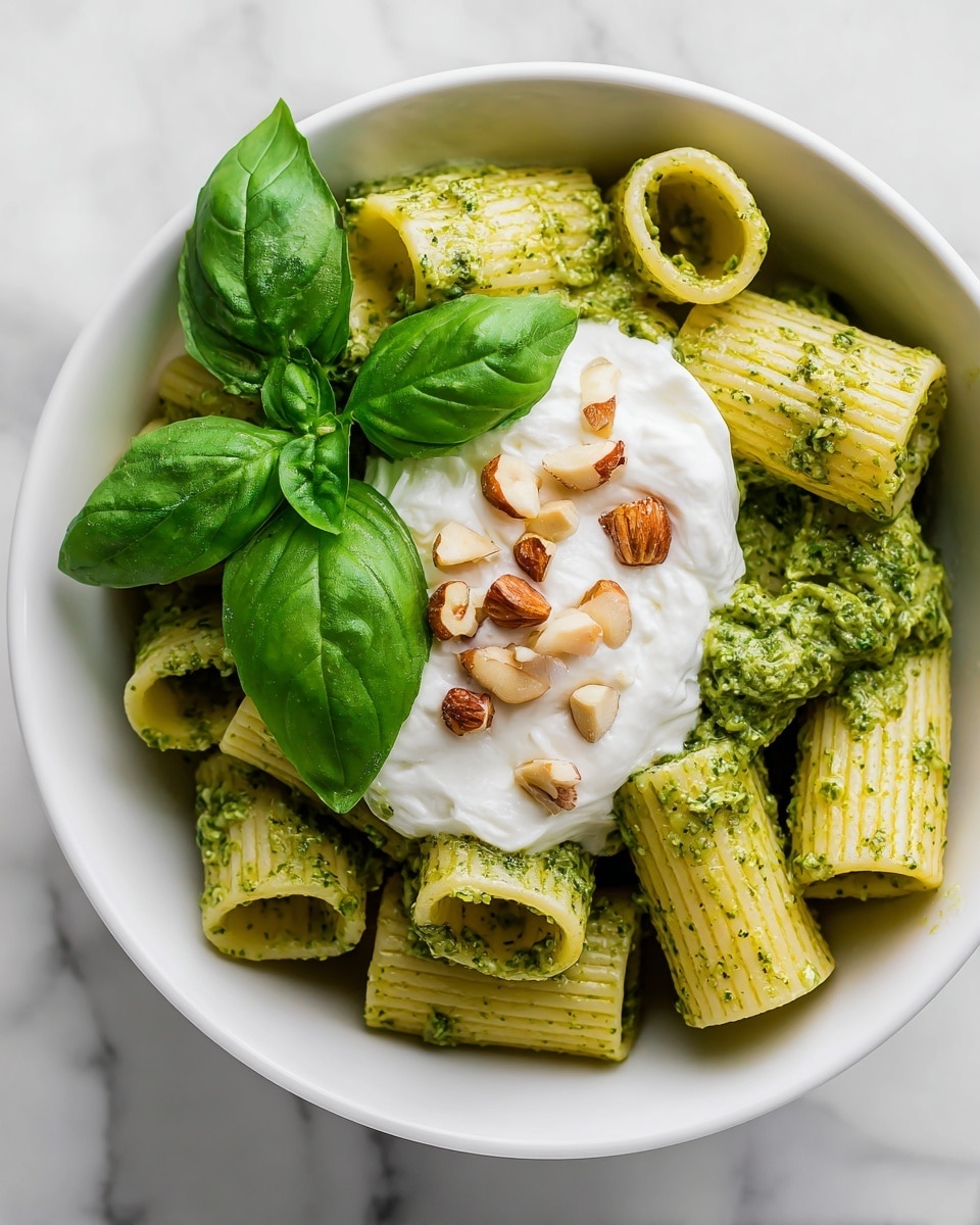 Creamy One Pot Rigatoni with Basil-Pistachio Pesto & Burrata Recipe - Recipe Image
