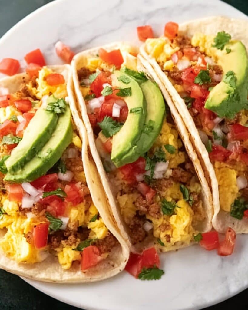 Breakfast Tacos with Scrambled Eggs, Sausage or Bacon, and Fresh Toppings Recipe