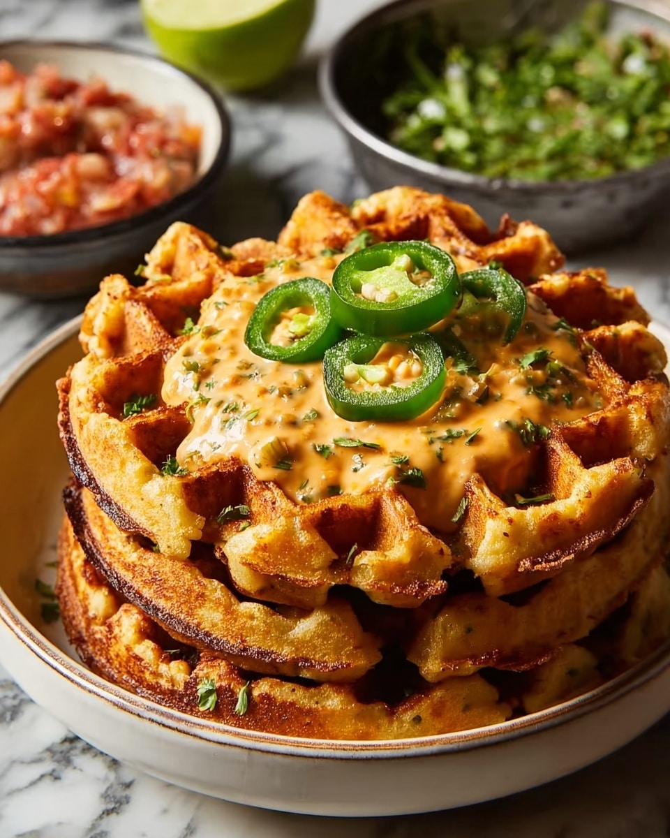 Cheddar Jalapeño Cornbread Waffles with Turkey Chile Con Queso Dip Recipe - Recipe Image