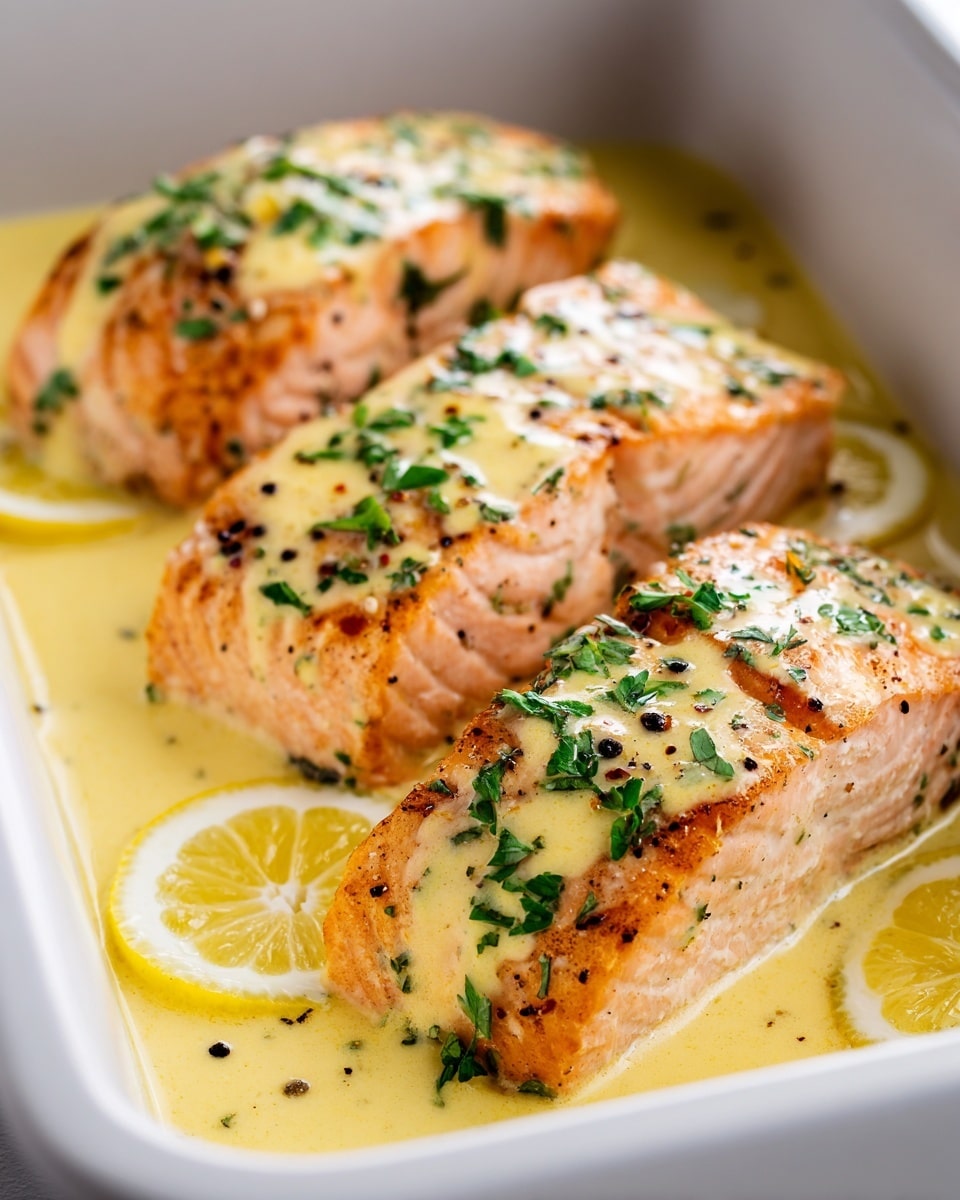 Baked Salmon with Creamy Lemon Garlic Sauce Recipe - Recipe Image