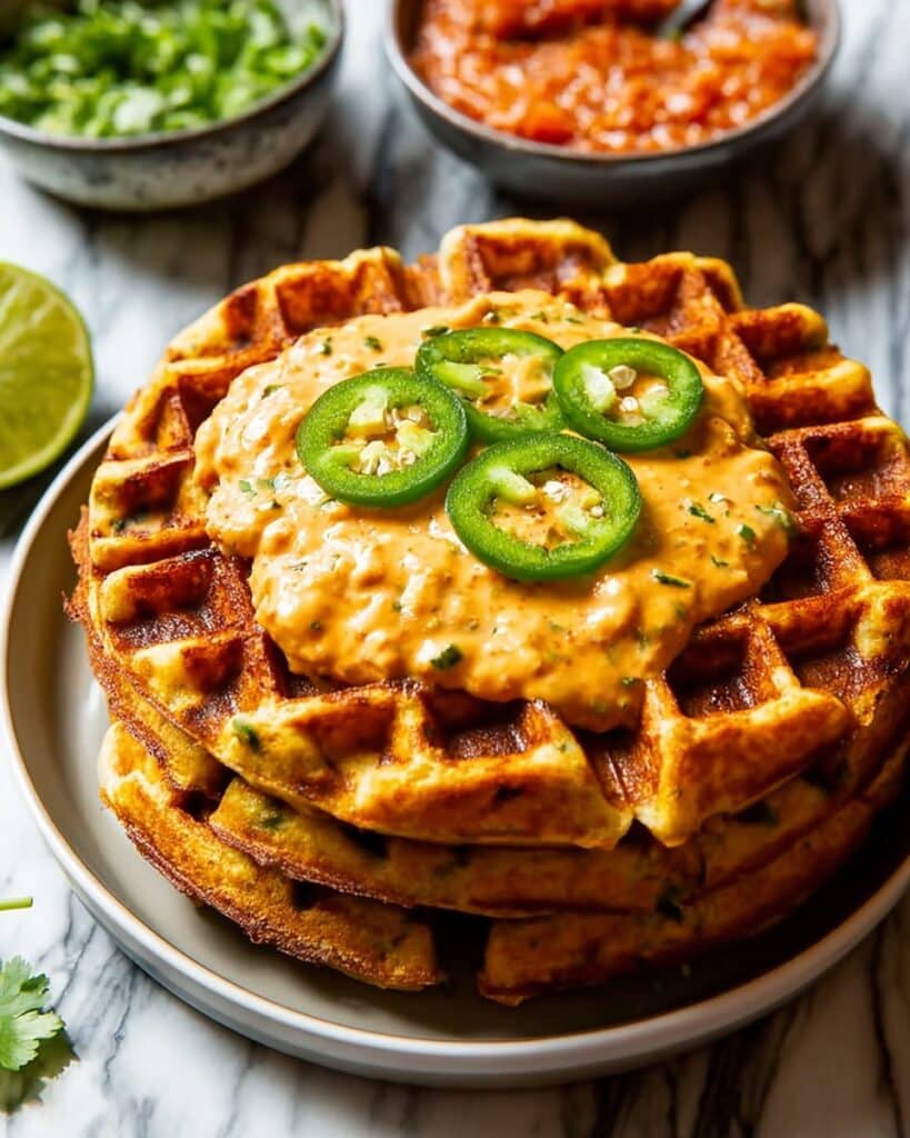 Cheddar Jalapeño Cornbread Waffles with Turkey Chile Con Queso Dip Recipe