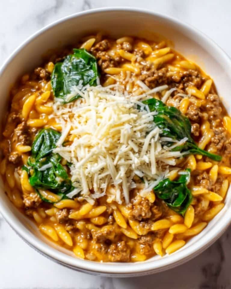 Ground Beef Orzo with Tomato Cream Sauce Recipe