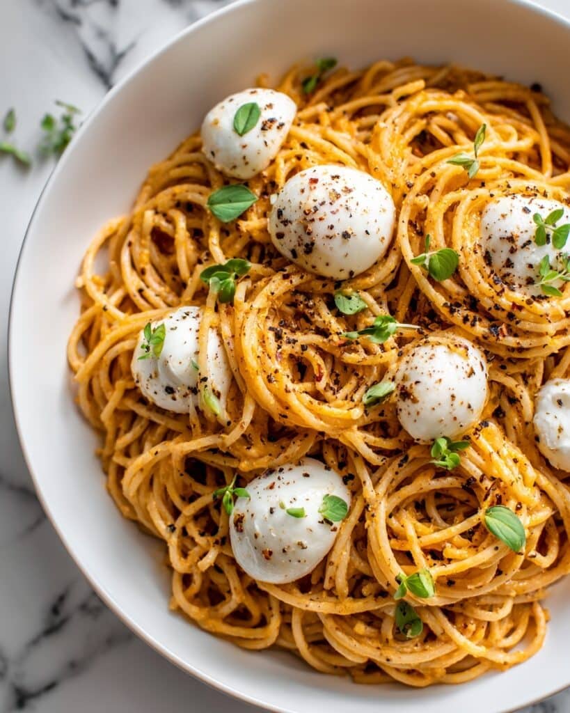Creamy Red Pepper Pasta with Burrata and Herbs Recipe