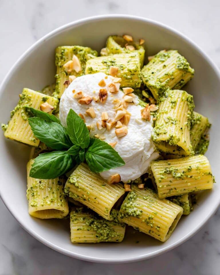Creamy One Pot Rigatoni with Basil-Pistachio Pesto & Burrata Recipe