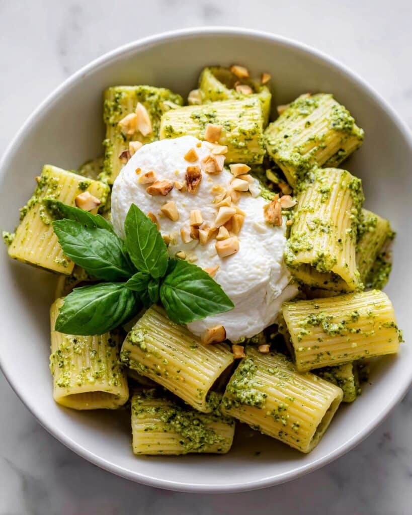 Creamy One Pot Rigatoni with Basil-Pistachio Pesto & Burrata Recipe