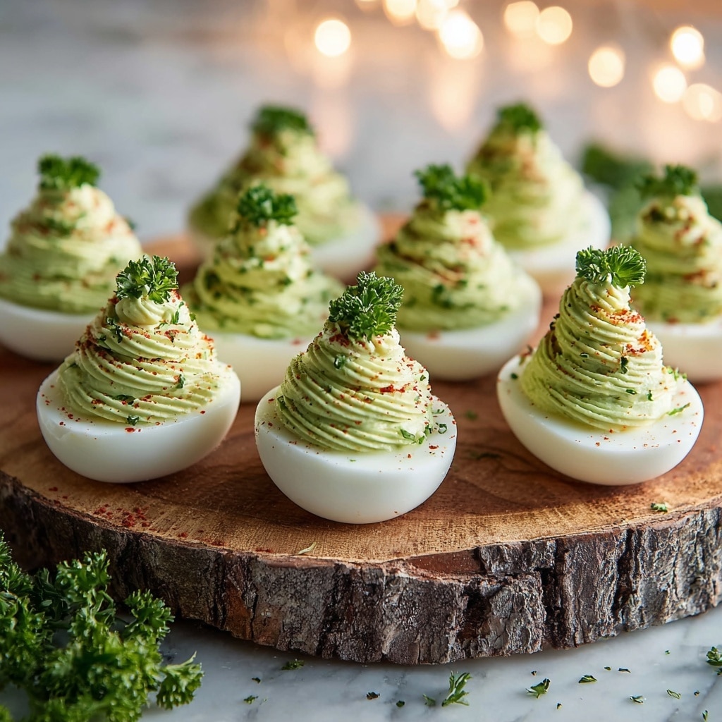 Christmas Tree Deviled Eggs with Avocado Filling Recipe - Recipe Image