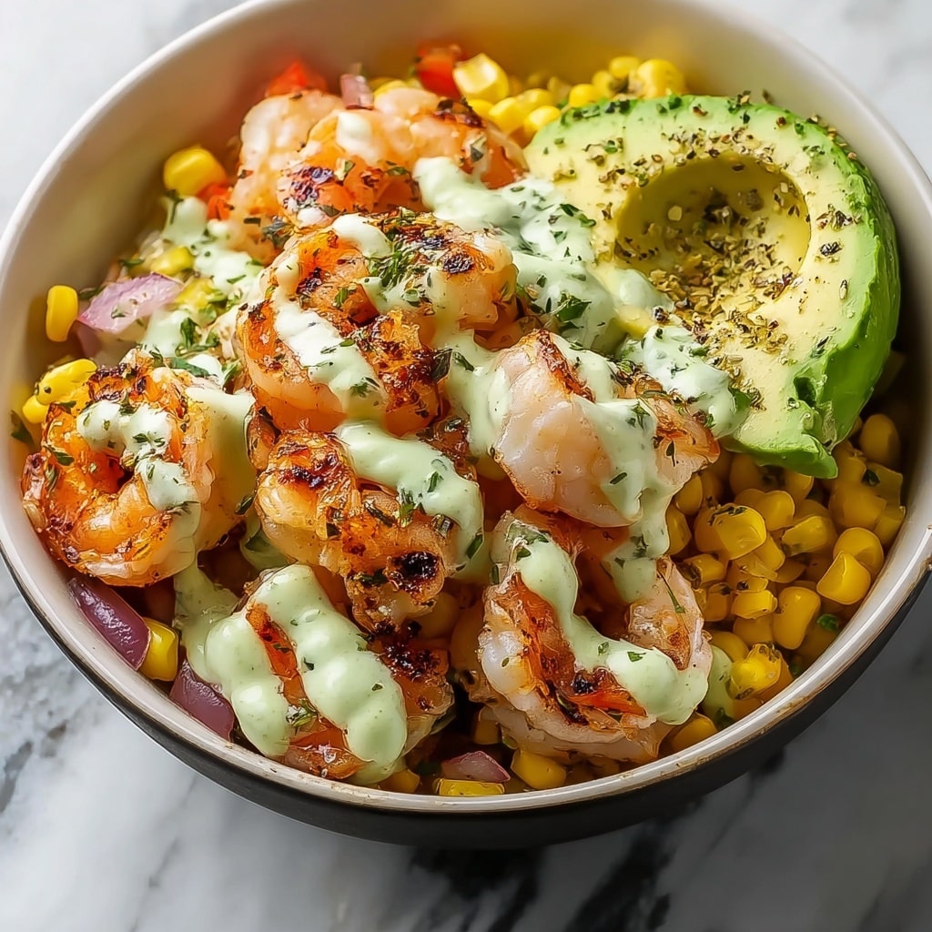 Grilled Shrimp Bowl with Avocado Corn Salsa and Creamy Sauce Recipe - Recipe Image