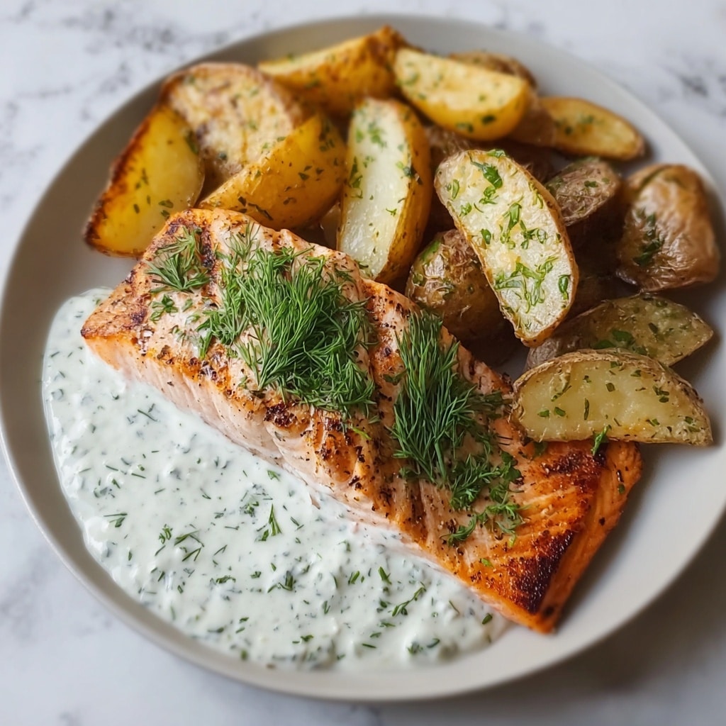 Dill Salmon with Potato Wedges and Creamy Pickle Dill Sauce Recipe - Recipe Image