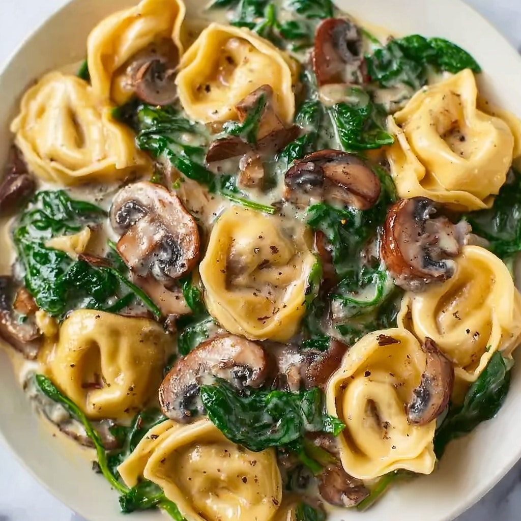 Creamy Spinach Mushroom Tortellini with Caramelized Onions Recipe - Recipe Image