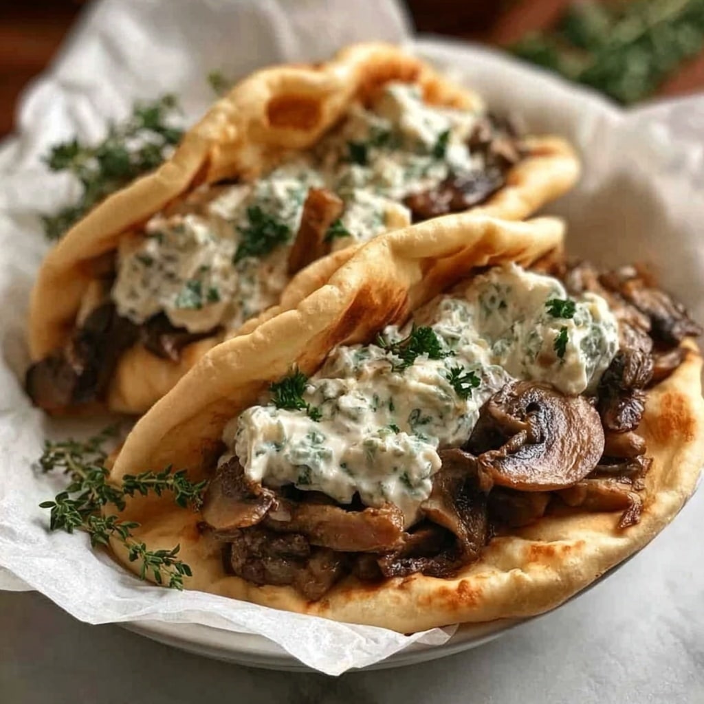 Cheesy Beef and Mushroom Pita Pockets with Tzatziki Sauce Recipe - Recipe Image