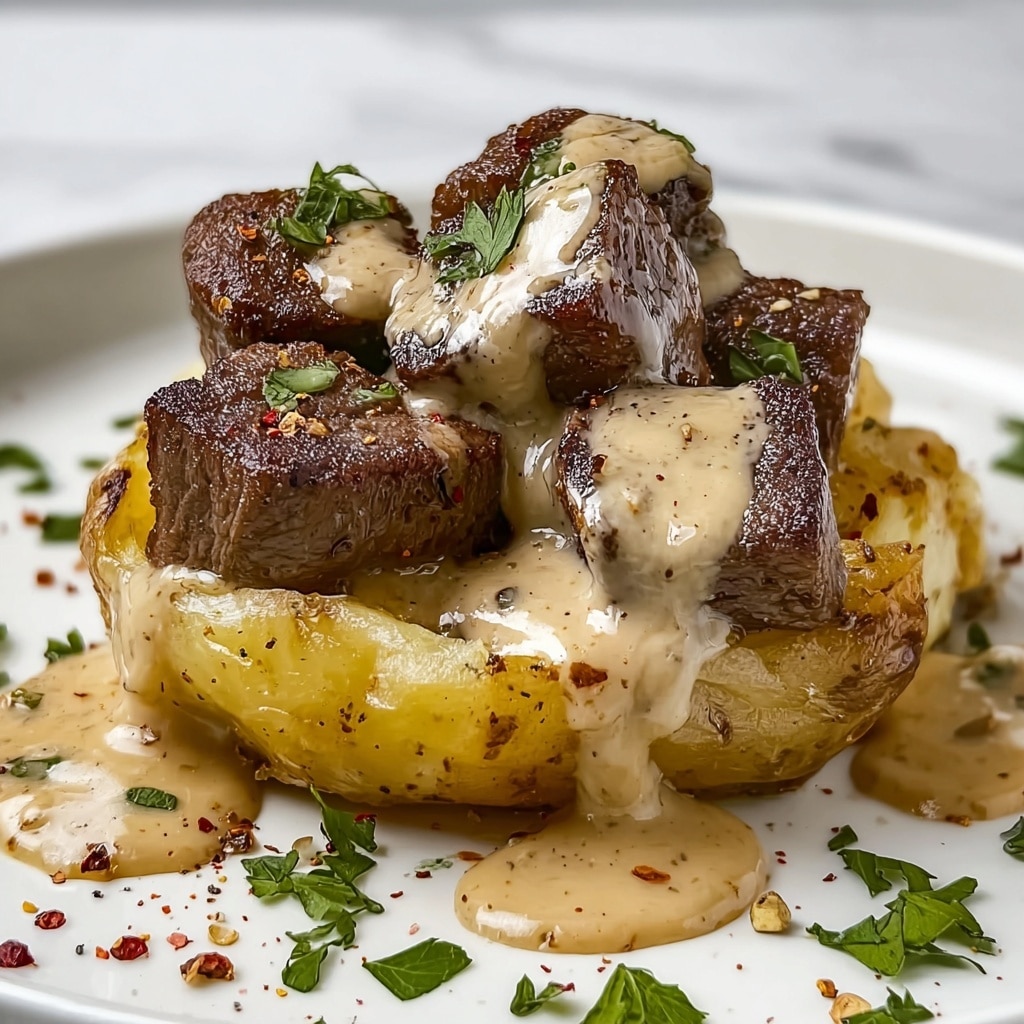 Loaded Baked Potato with Steak Bites and Parmesan Cream Sauce Recipe - Recipe Image