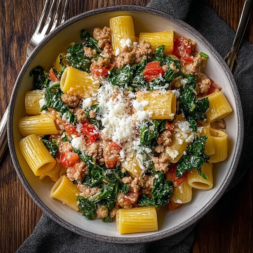 Spicy Paccheri with Sausage & Greens Recipe - Recipe Image
