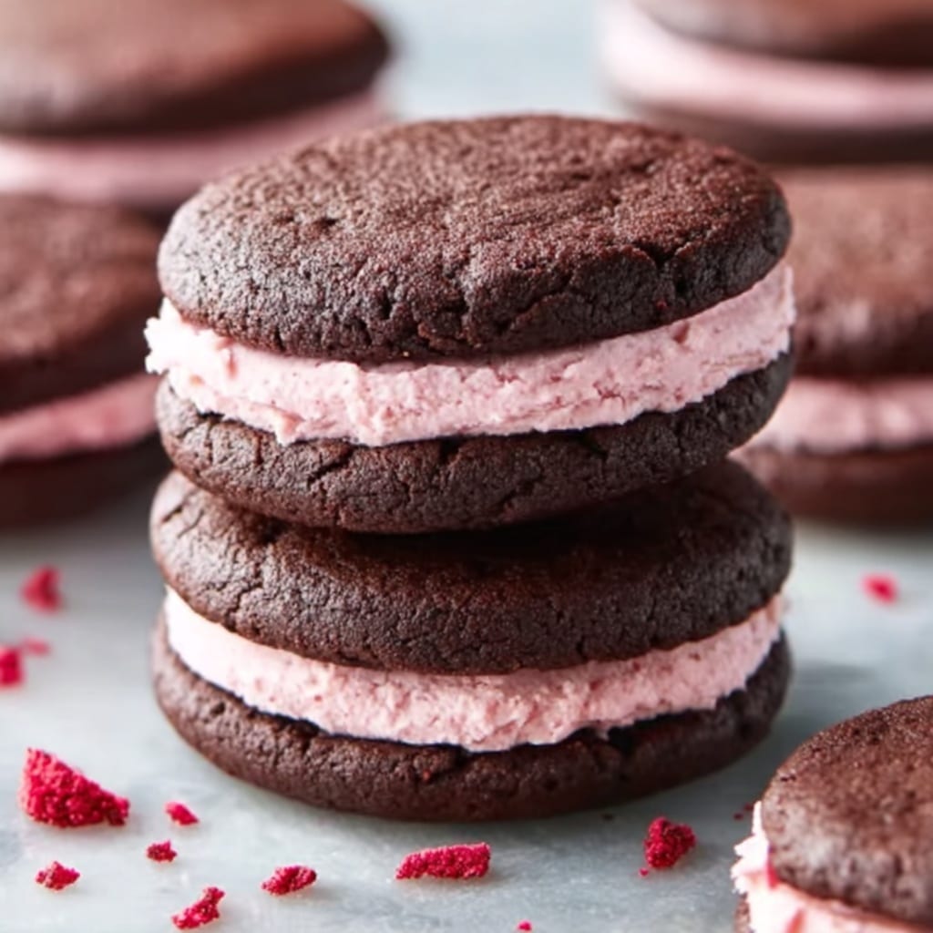 Chocolate Raspberry Sandwich Cookies with Ganache Drizzle Recipe - Recipe Image
